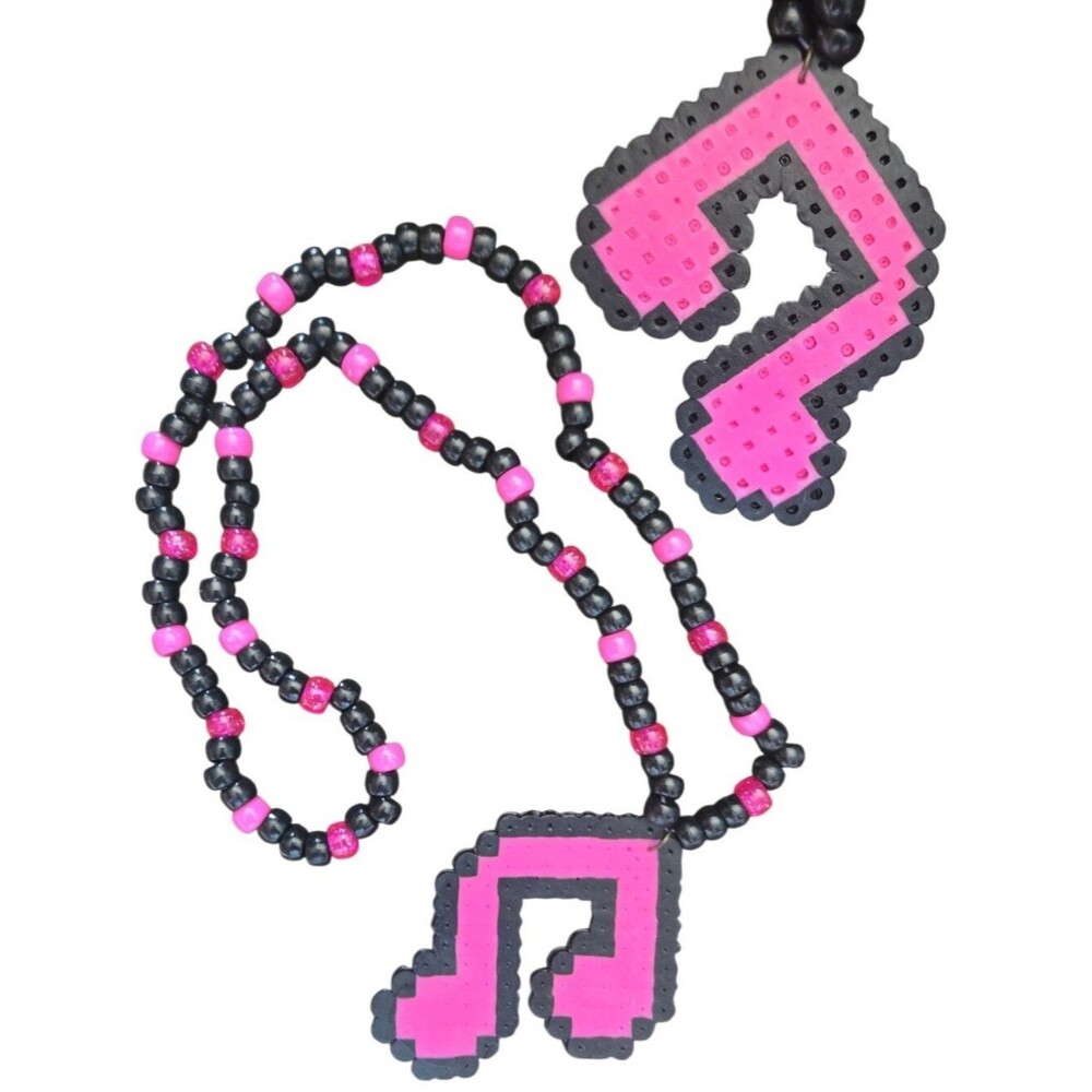 Pink & Black Music Note Perler Pony Bead Necklace